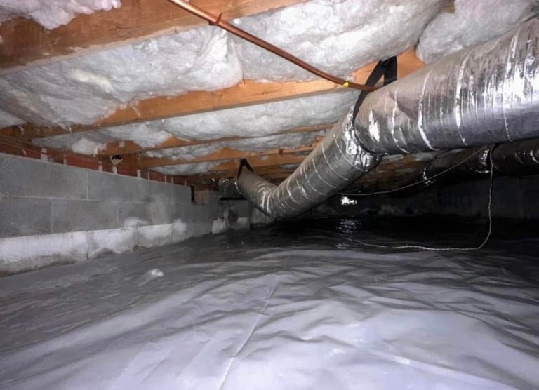 Crawlspace interior with vapor barrier, exposed wooden beams, insulation, and black ductwork for ventilation system