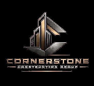 Cornerstone Construction Group logo featuring stylized building with metallic and gold accents